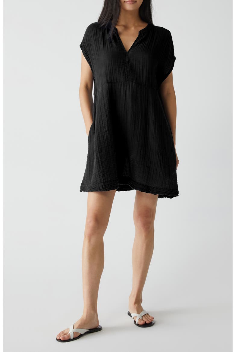 Mira Split Neck Gauze Dress, Main, color, BLACK
