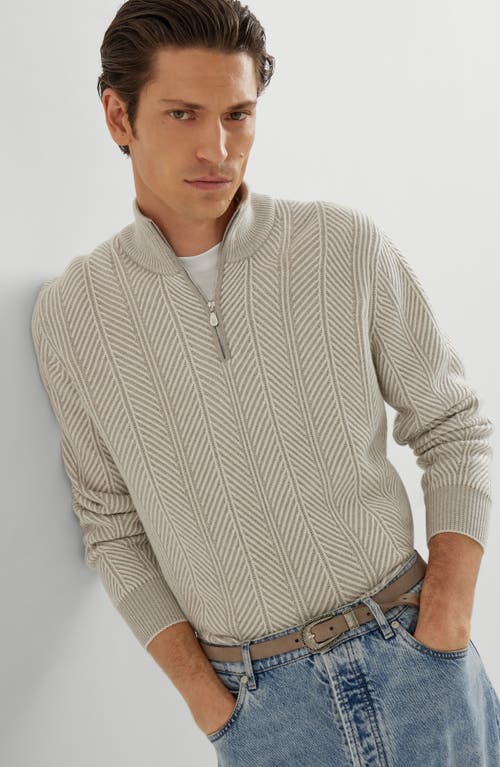 Brunello Cucinelli Herringbone Half-zip Sweater In Neutral