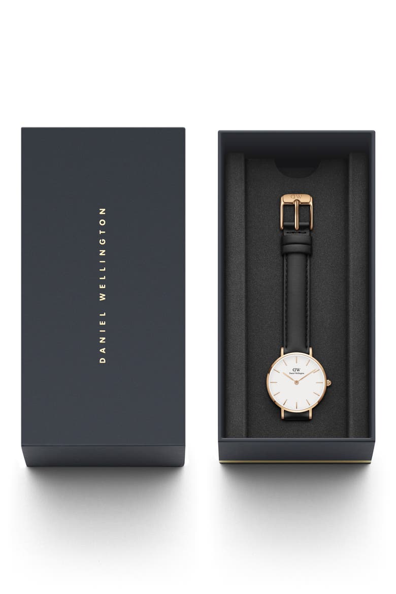 Classic Petite Leather Strap Watch, 28mm, Alternate, color, BLACK/ WHITE/ ROSE GOLD