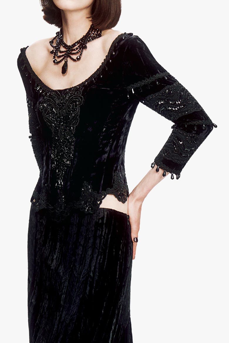 Crushed Velvet Beaded Corset, Alternate, color, Black