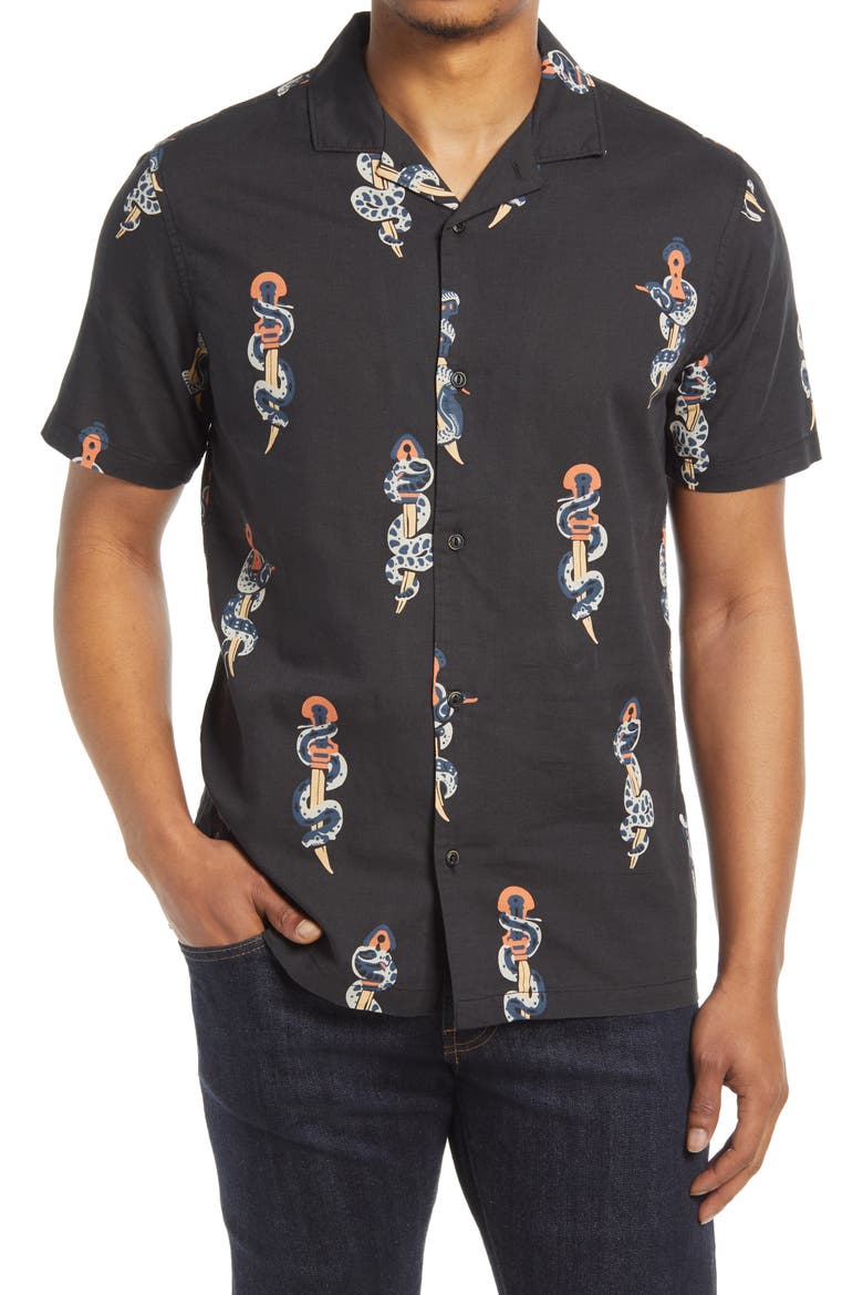 Snake & Dagger Cotton & Linen Button-Up Camp Shirt, Main, color, BLACK