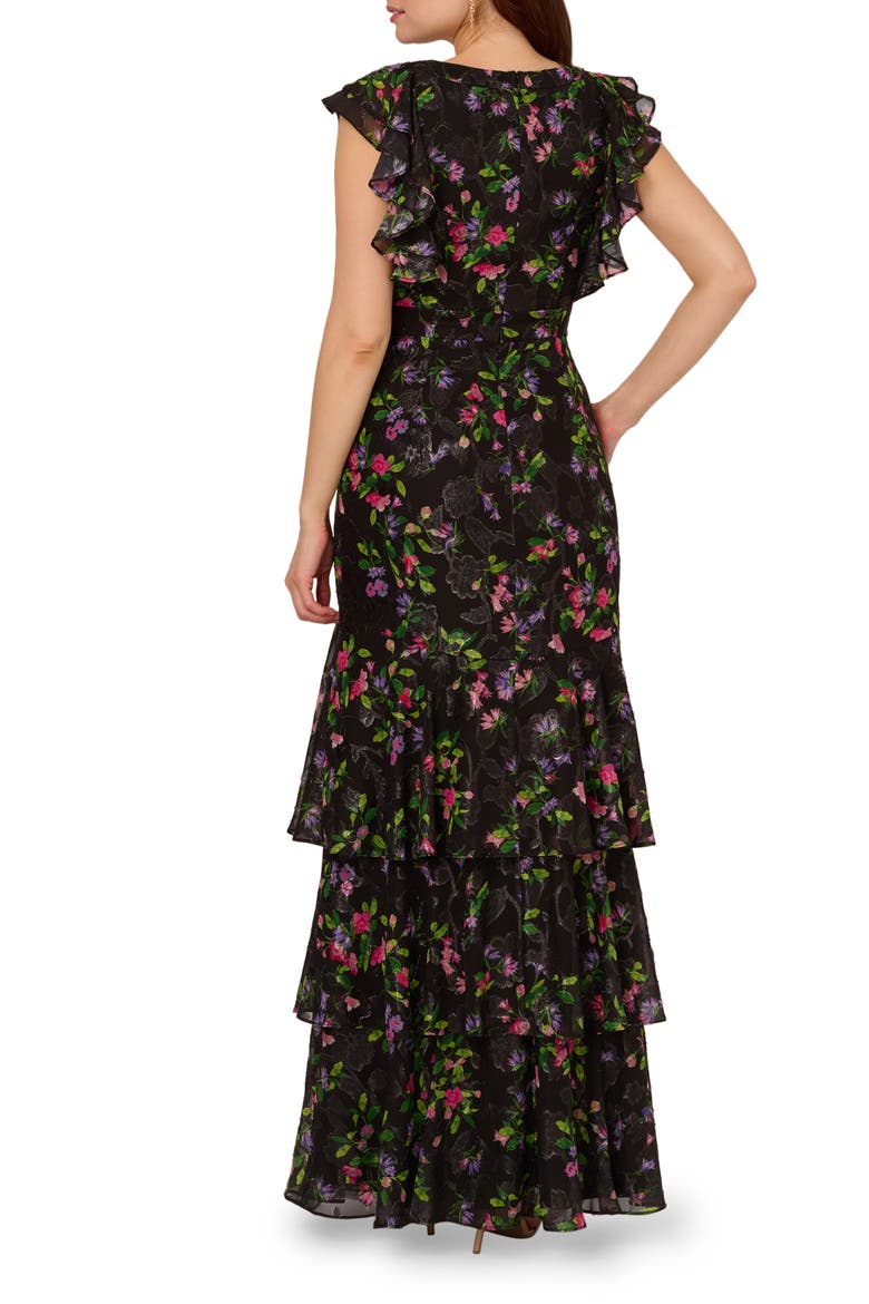 Tiered Floral Print Lace-Up Chiffon Gown, Alternate, color, BLACK MULTI