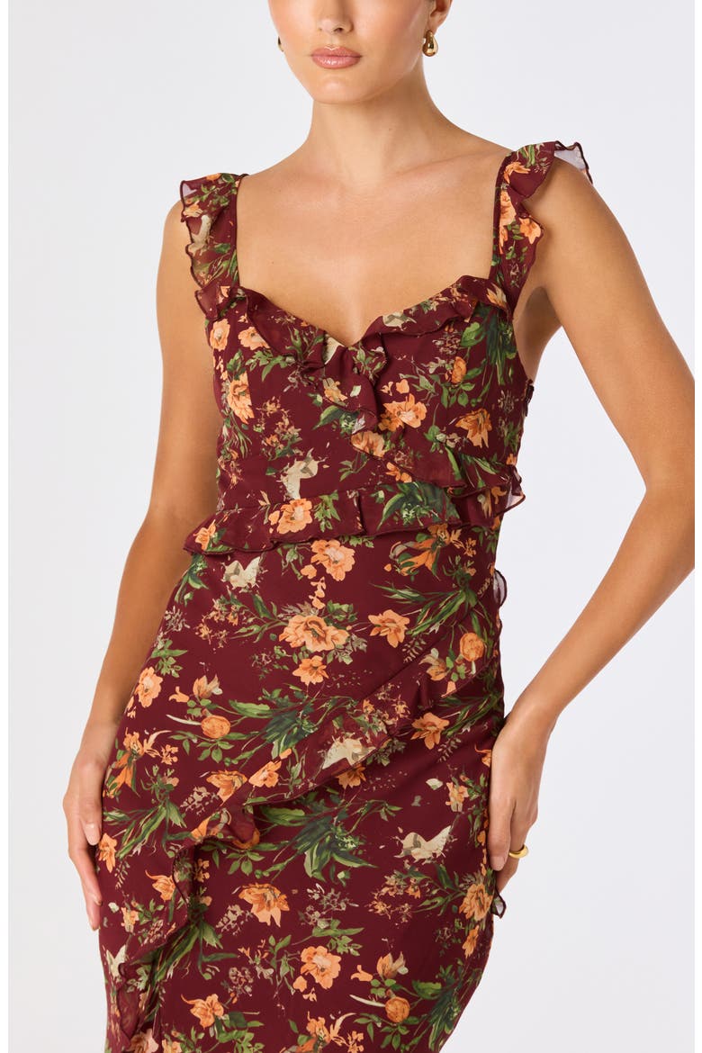 Aleah Floral Ruffle Maxidress, Alternate, color, WINE FLORAL