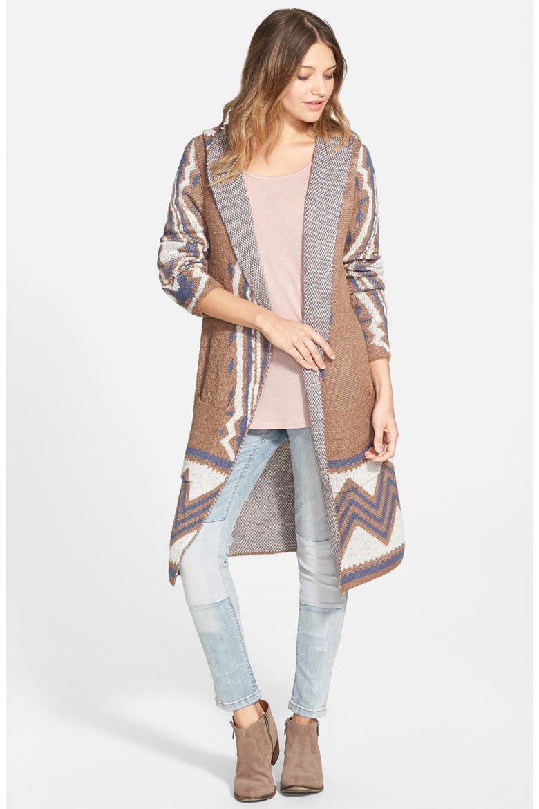 Hooded Jacquard Cardigan, Main, color, BROWN BARK BOUCLE JACQUARD