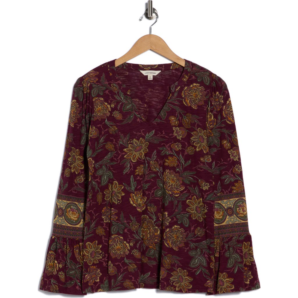 Lucky Brand Notch Neck Bell Sleeve Top In Burgundy