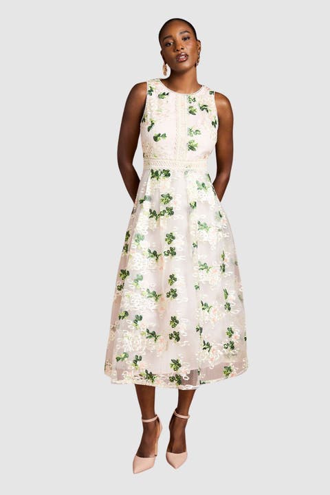 Embroidered Mesh Lace Skirted Midi Dress