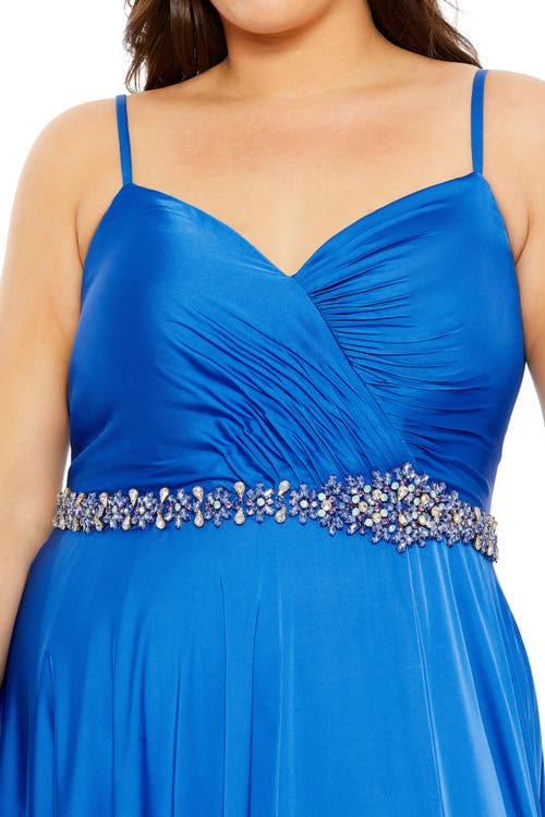 Shop Mac Duggal Beaded Belt Faux Wrap A Line Gown In Cobalt