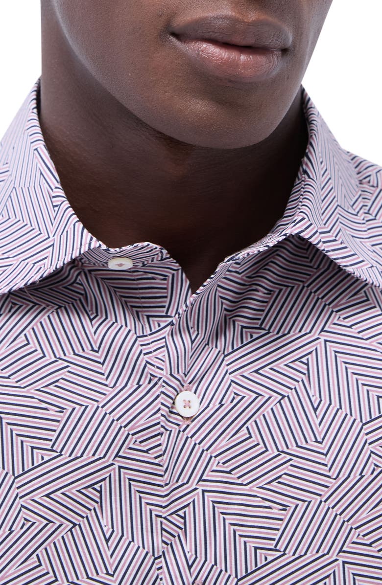 Bugatchi Axel Geo Print Shaped Fit Stretch Cotton Button-Up Shirt, Alternate, color, Dusty Pink