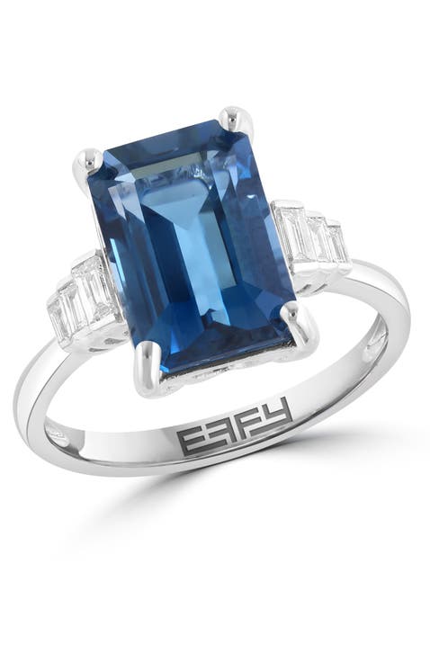 14K White Gold Diamond & London Blue Topaz Three-Stone Ring