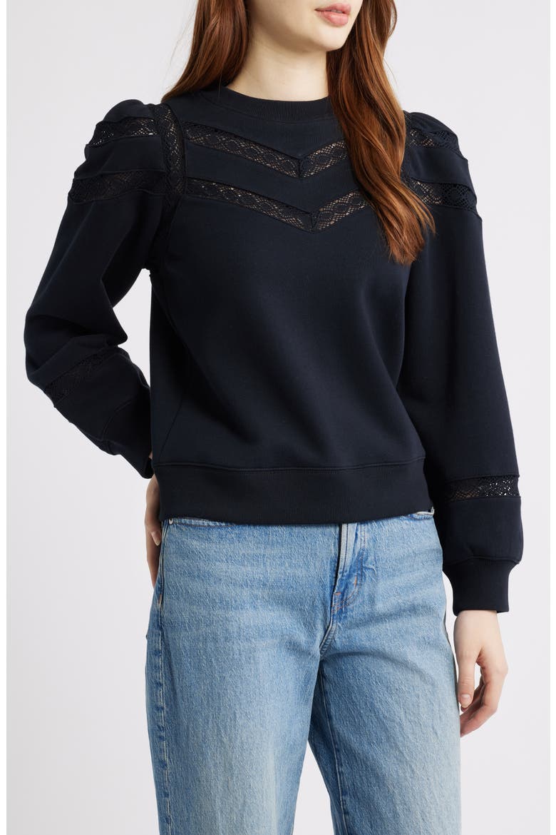 Isles Lace Inset Cotton Sweatshirt, Main, color, BLACK