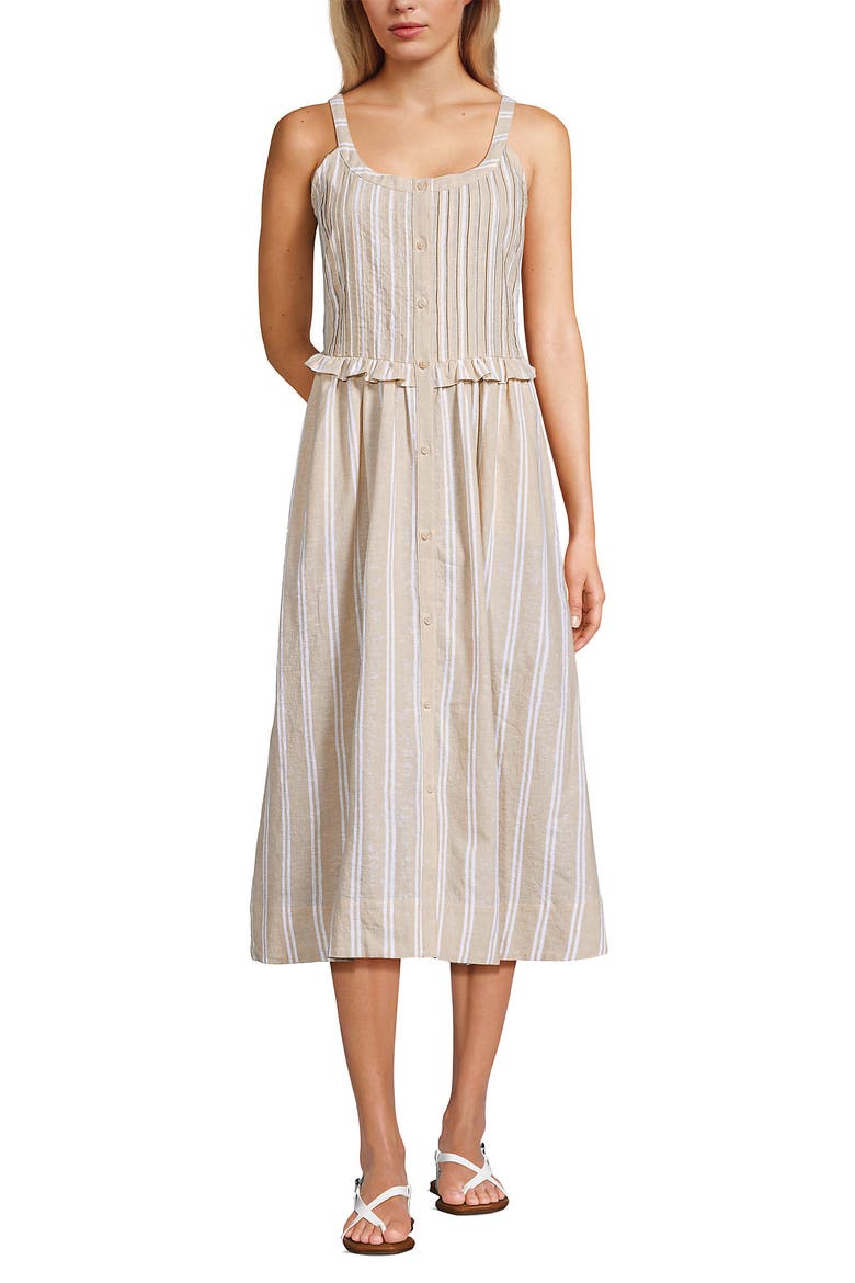 Linen Blend Pintuck Tank Midi Dress, Main, color, Champagne/White Double Stripe