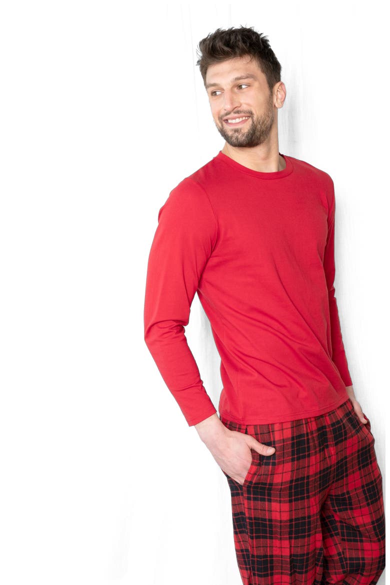 Men's Cotton Top & Flannel Pants Printed Holiday Pajama Set, Alternate, color, Plaid Black & Red