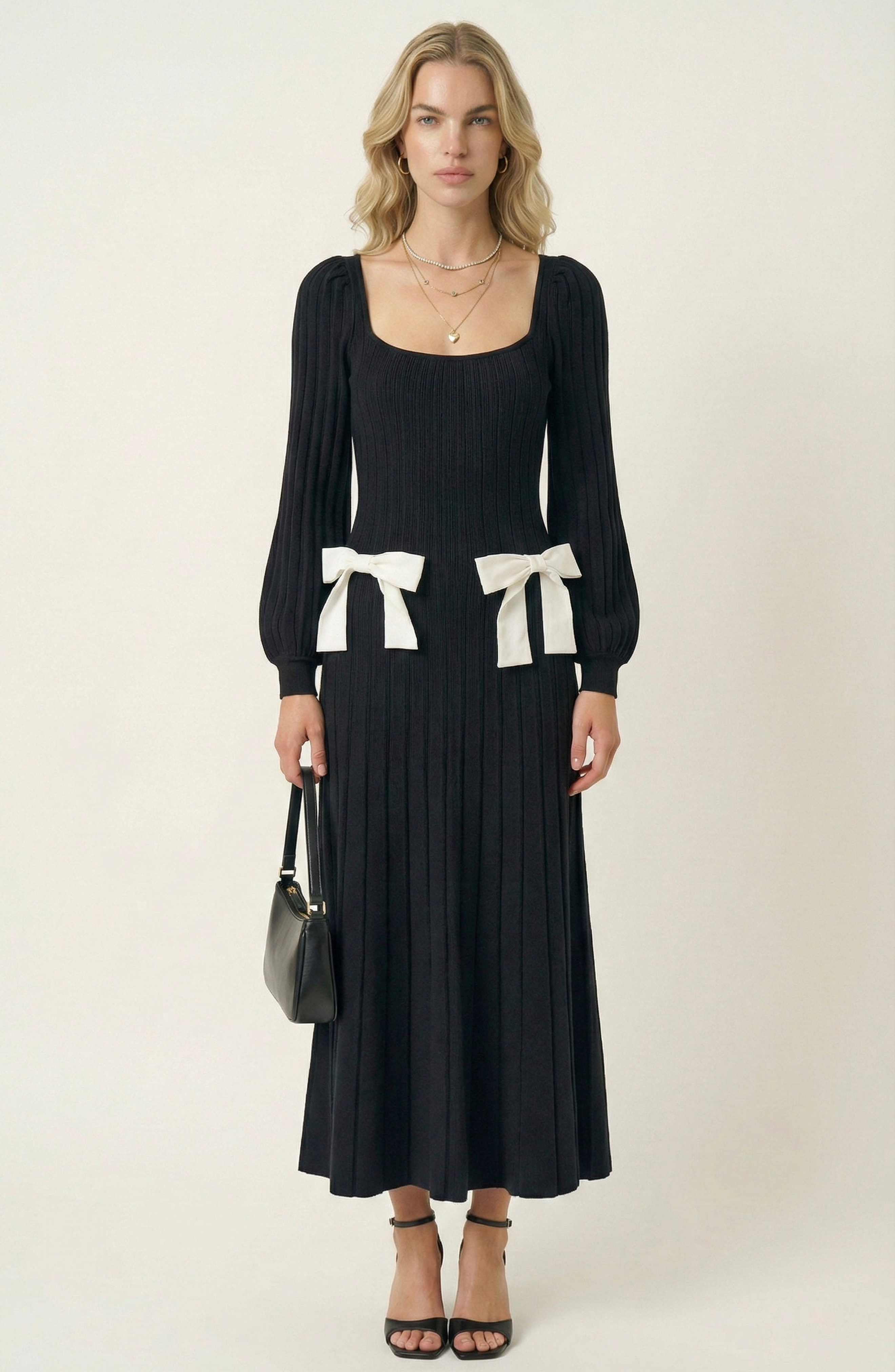 Front Bow Flared Sweater Midi Dress