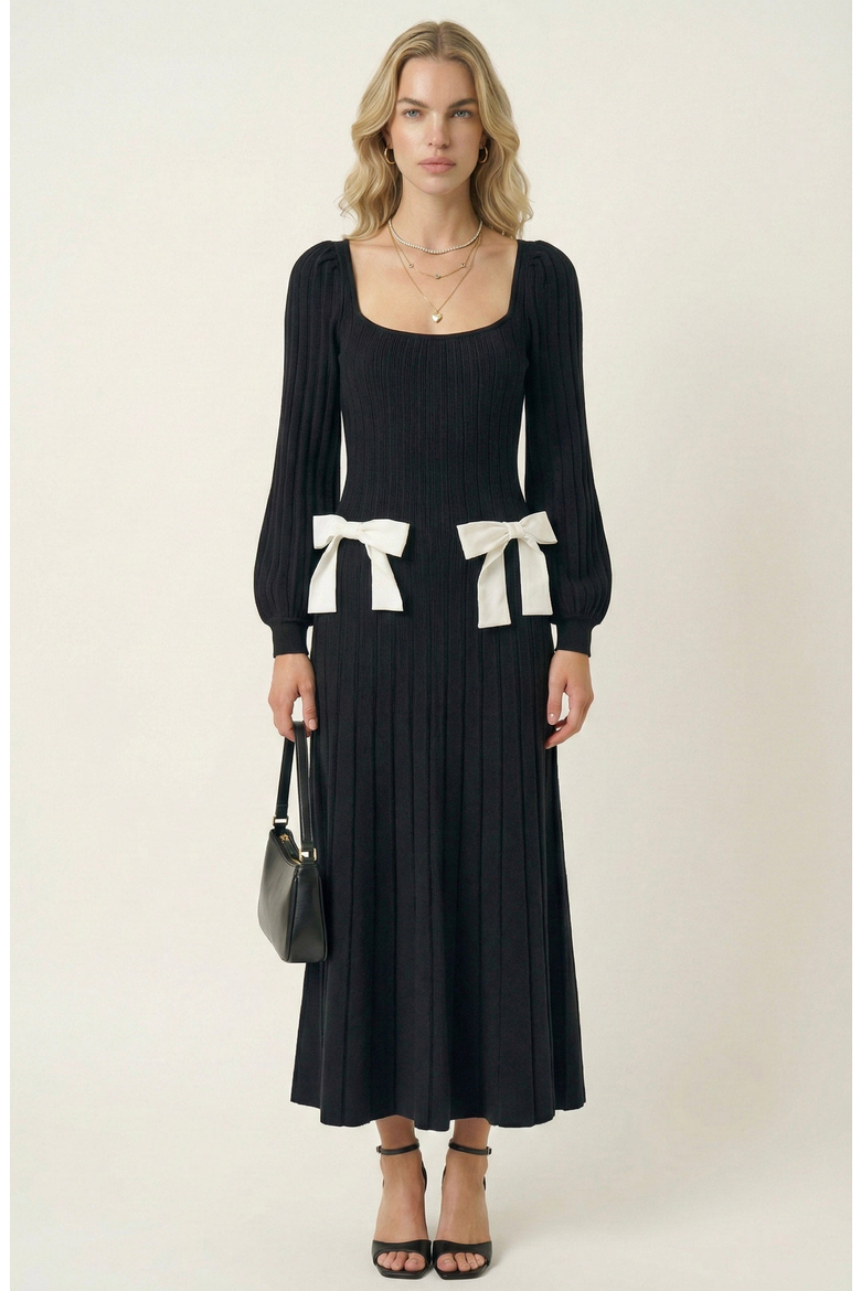 Front Bow Flared Sweater Midi Dress, Main, color, Black