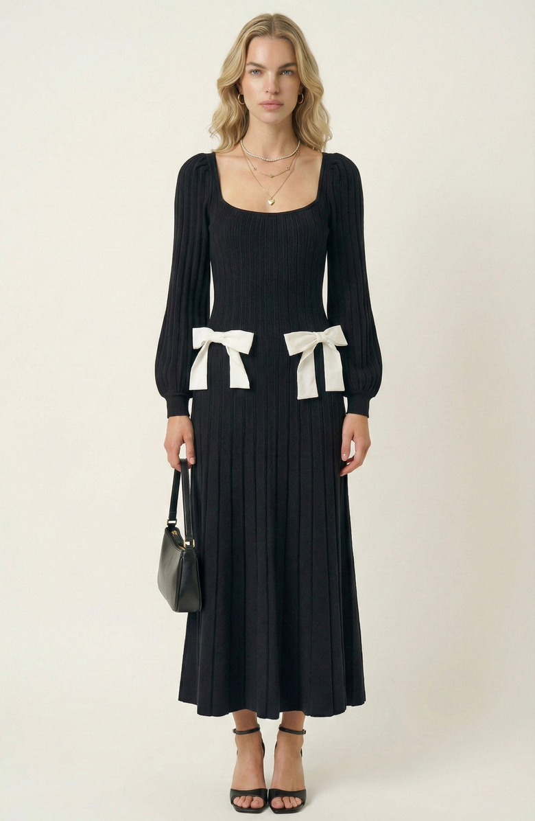 Modenaire Front Bow Flared Sweater Midi Dress, Main, color, Black