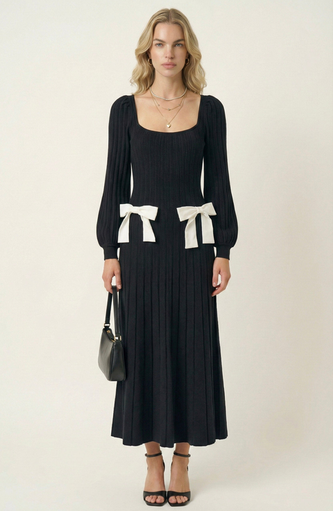 Front Bow Flared Sweater Midi Dress