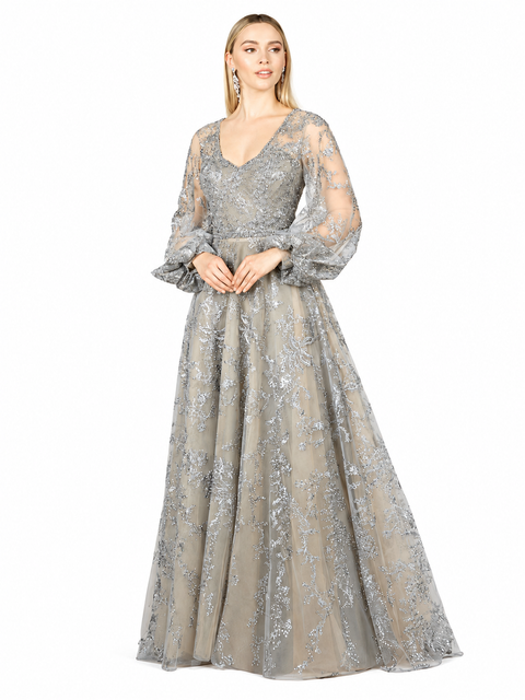 V Neckline Balloon Sleeve Gown