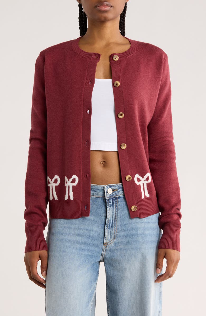 Vigoss Bows Cardigan, Main, color, Berry