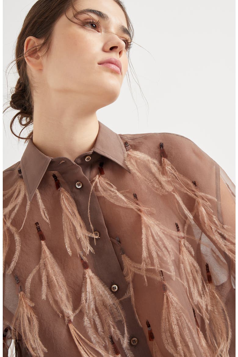Crispy silk shirt with dazzling feather embroidery, Alternate, color, Brown