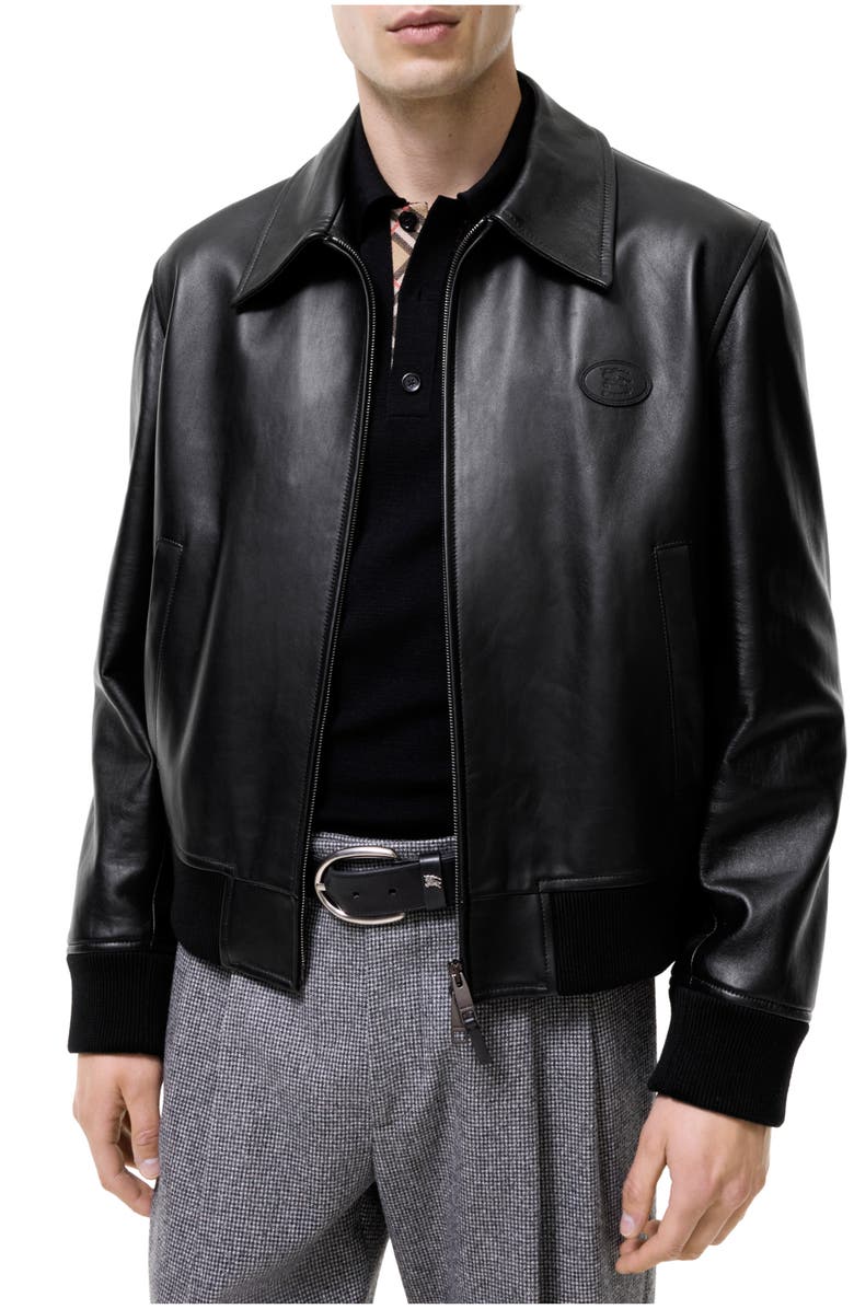 Burberry Leather Bloomsbury Harrington Jacket, Main, color, Black