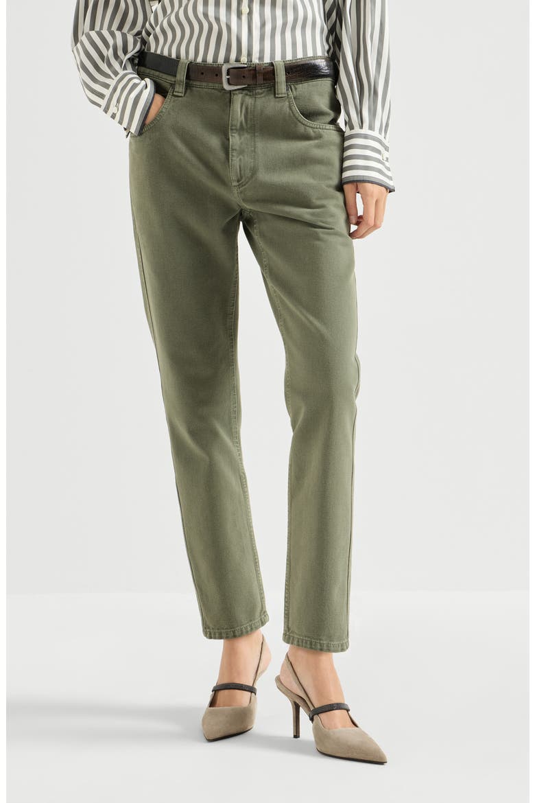 Dyed denim five-pocket straight trousers with shiny bartack, Main, color, Green