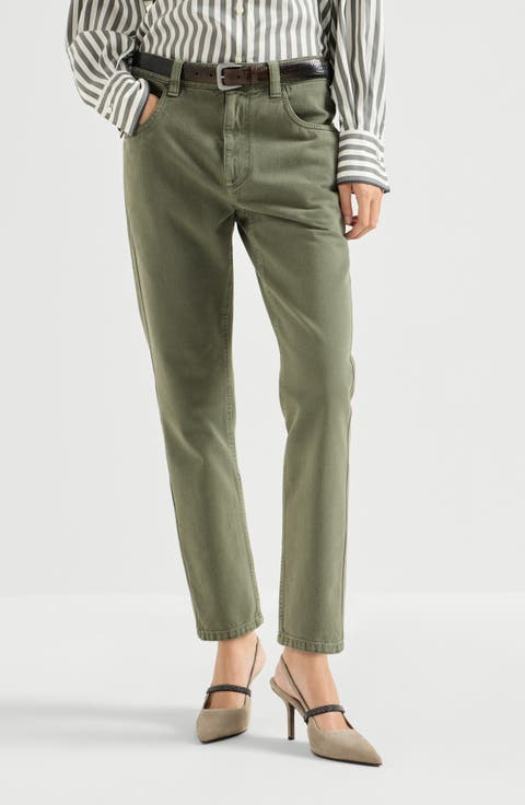 Dyed denim five-pocket straight trousers with shiny bartack