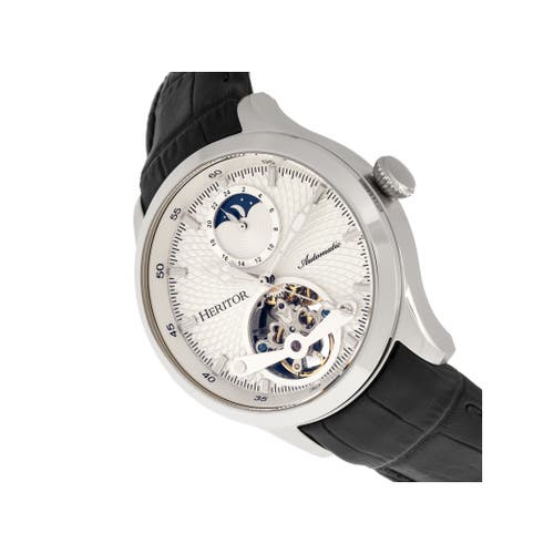 Heritor Automatic Gregory Semi-skeleton Leather-band Watch In Silver/black
