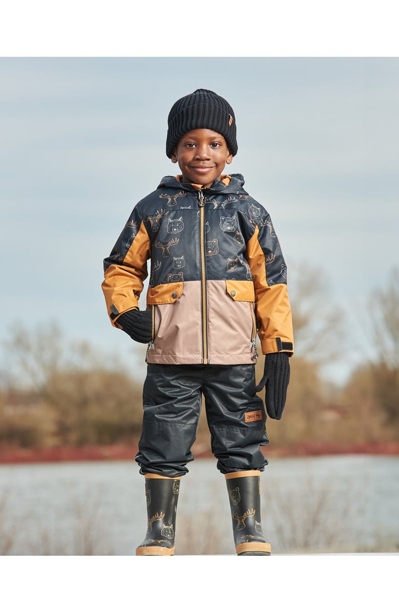 Deux par Deux Little Boy's 3-In-1 Mid-Season Outerwear Set With Colorblock Jacket Beige Animals On Black Background, Alternate, color, 