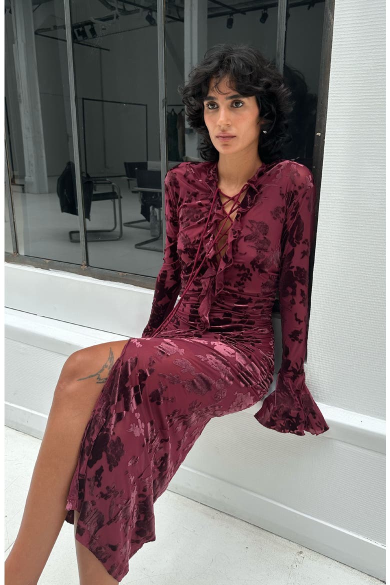 Flocked Mesh Dress, Alternate, color, Burgundy