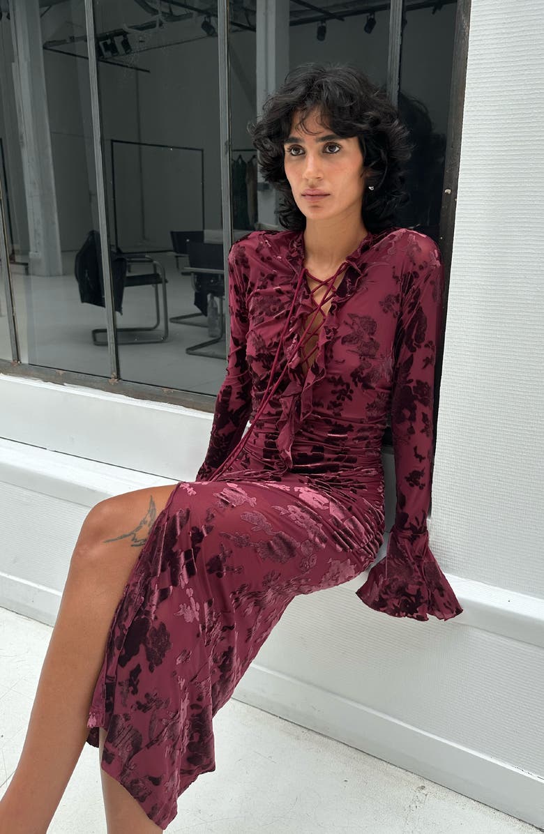 SAEMDI Flocked Mesh Dress, Alternate, color, Burgundy