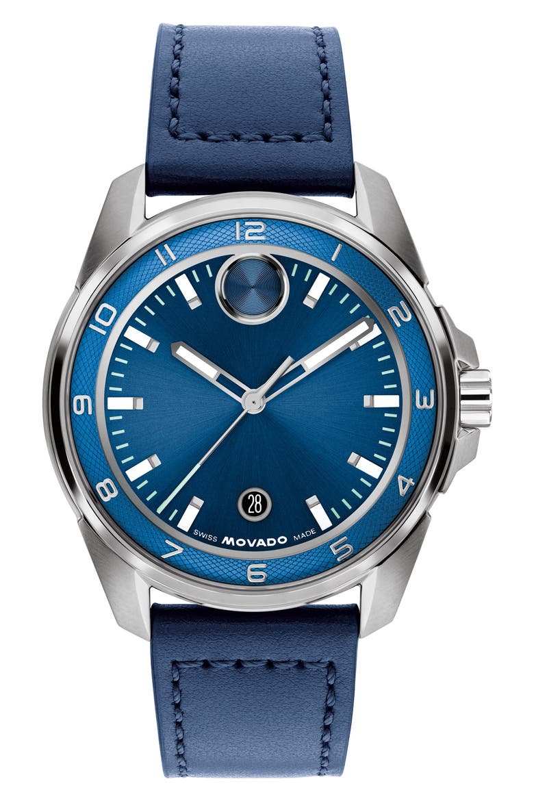Bold Verso S Leather Strap Watch, 42mm, Main, color, BLUE