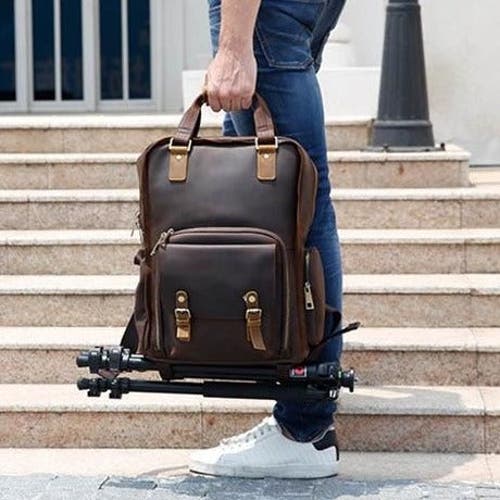 Steel Horse Leather The Gaetano | Large Leather Backpack Camera Bag With Tripod Holder In Dark Brown