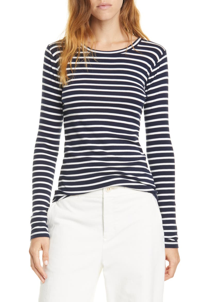 Feeder Stripe Long Sleeve Pima Cotton Blend Top, Main, color, WAVECREST/ OFF WHITE