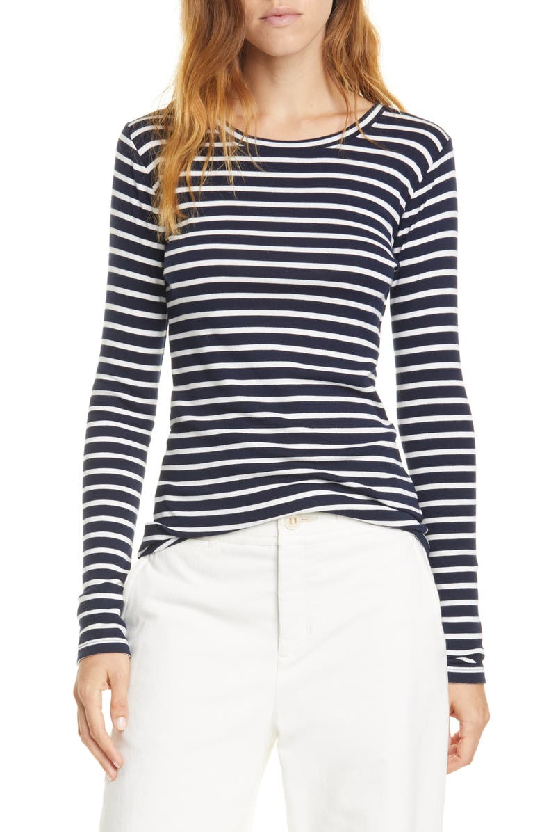 Vince Feeder Stripe Long Sleeve Pima Cotton Blend Top, Main, color, 