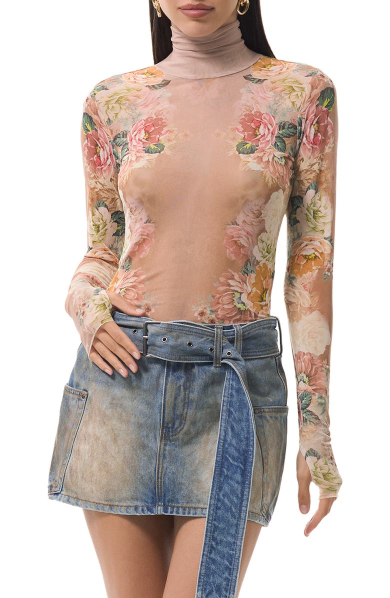 AFRM Zadie Print Turtleneck Mesh Top, Main, color, Honey Rose Frame