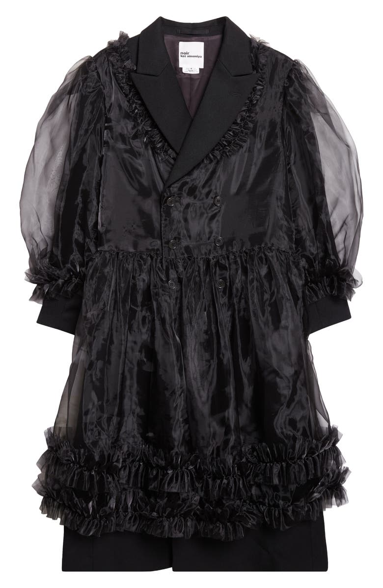 Noir Kei Ninomiya Mixed Media Double Breasted Wool Gabardine & Tulle Coat, Main, color, Black X Black