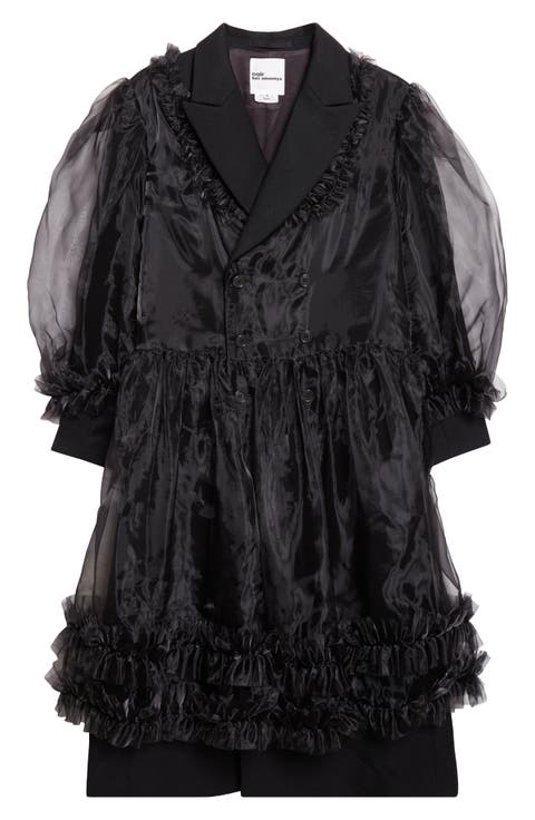 Mixed Media Double Breasted Wool Gabardine & Tulle Coat