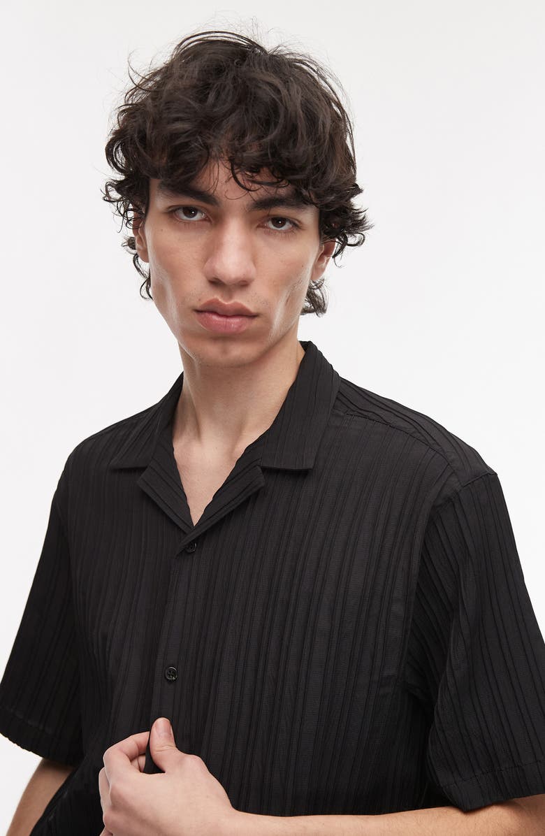 Topman Oversize Plissé Camp Shirt, Alternate, color, Black