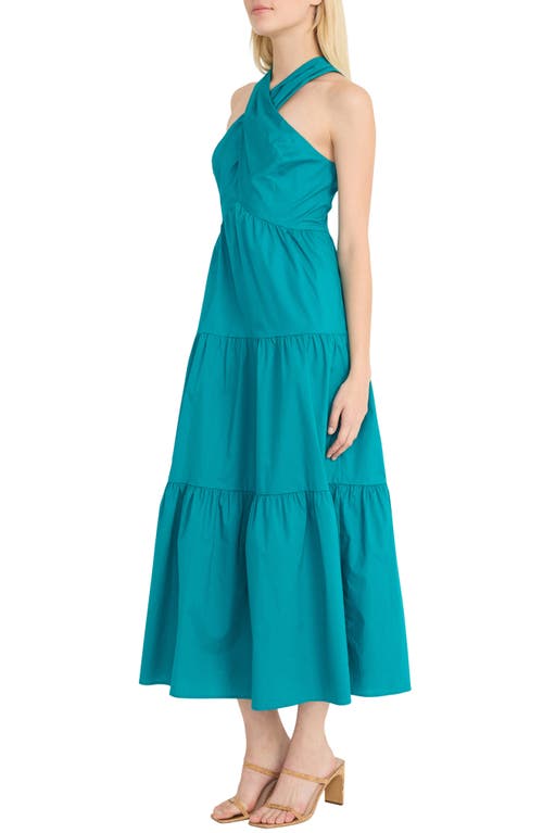 Donna Morgan Tiered Stretch Poplin Maxi Dress In Blue Grass