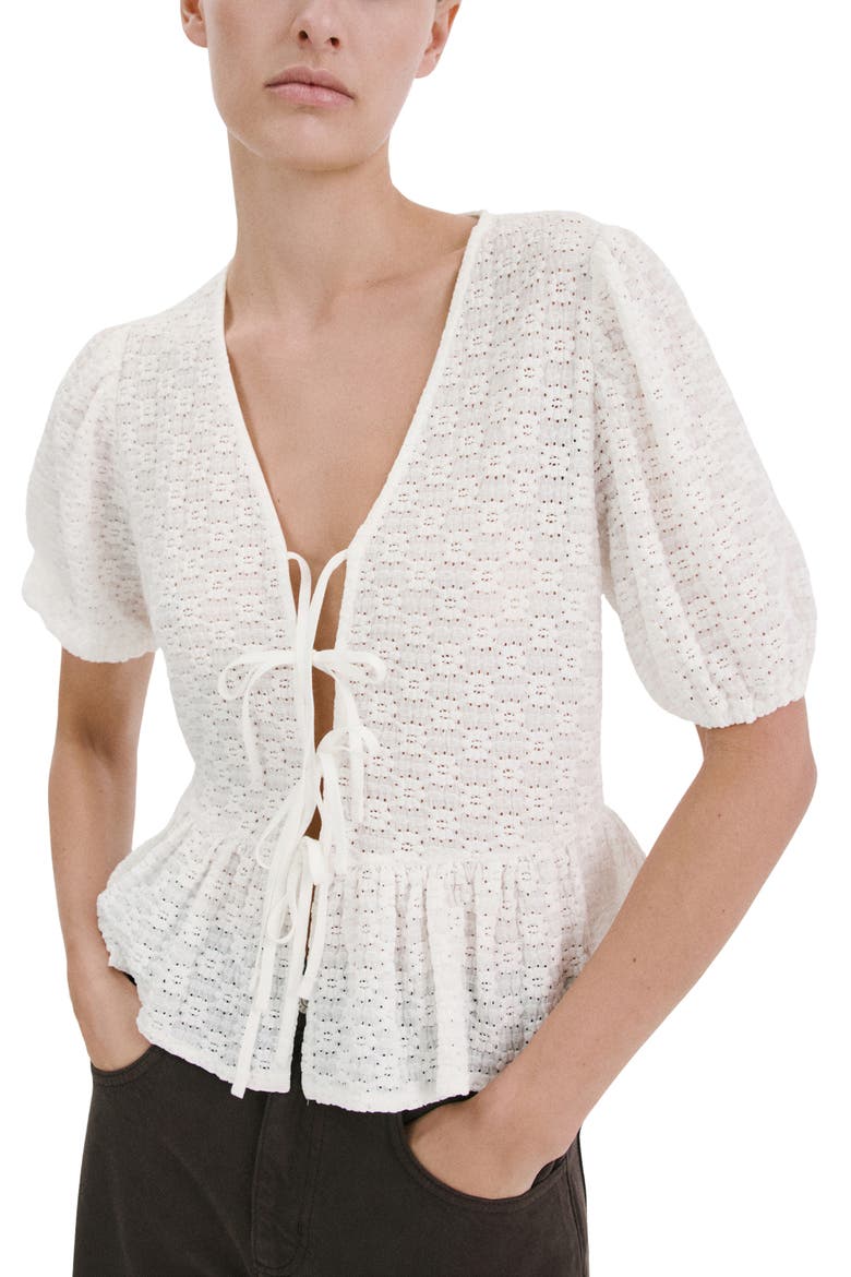 Eyelet Embroidery Tie Front Shirt, Main, color, OFF WHITE