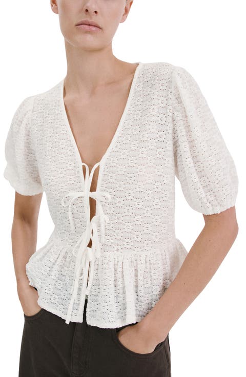 Eyelet Embroidery Tie Front Shirt