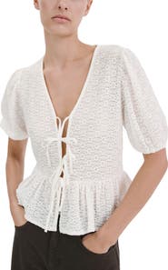 MANGO Eyelet Embroidery Tie Front Shirt