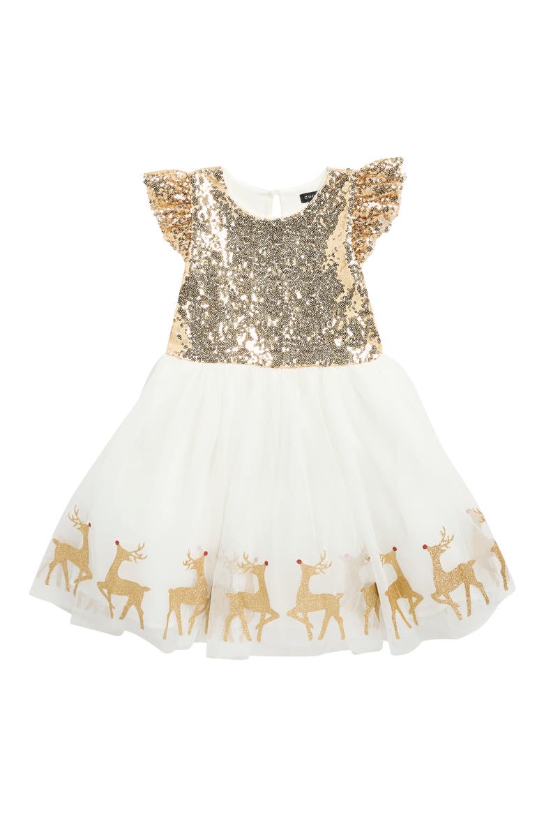 Kids' Sequin Reindeer Border Dress, Main, color, IVORY/ GOLD