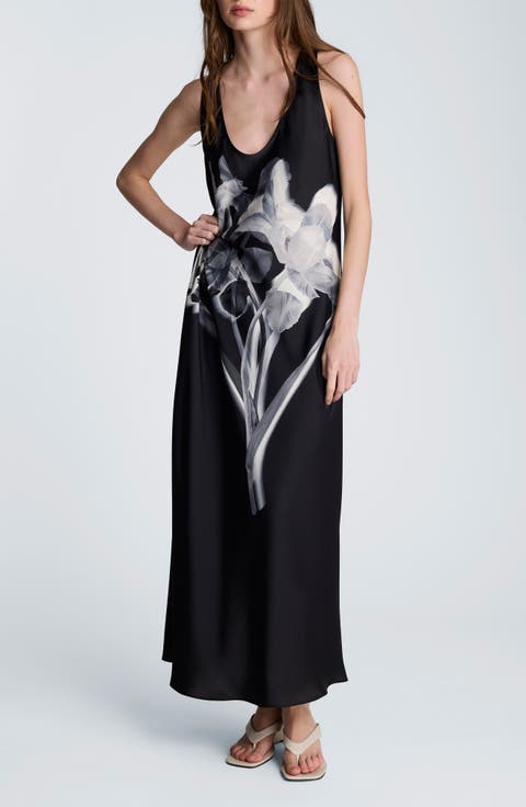 Floral Print Sleeveless Satin Maxi Dress