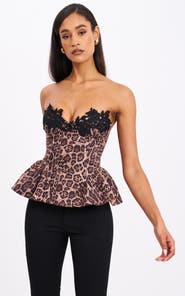 Miss Circle Qiaracheetah Peplum Top with Lace Trim
