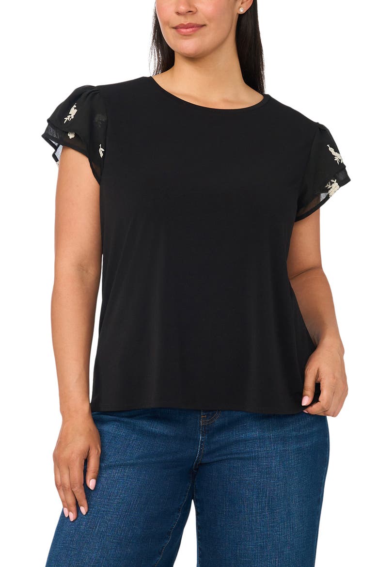 Embroidered Tiered Ruffle Sleeve Stretch Crepe Top, Alternate, color, RICH BLACK