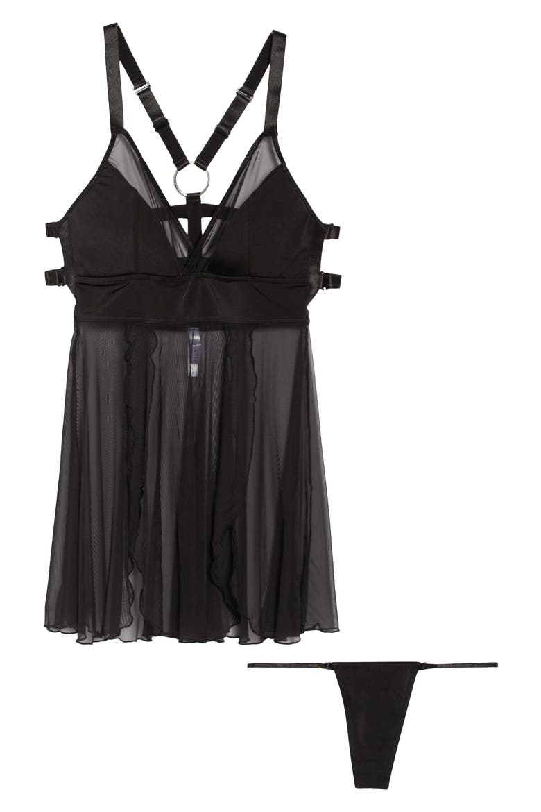 Caged Back Mesh Babydoll Chemise & G-String Thong, Alternate, color, BLACK