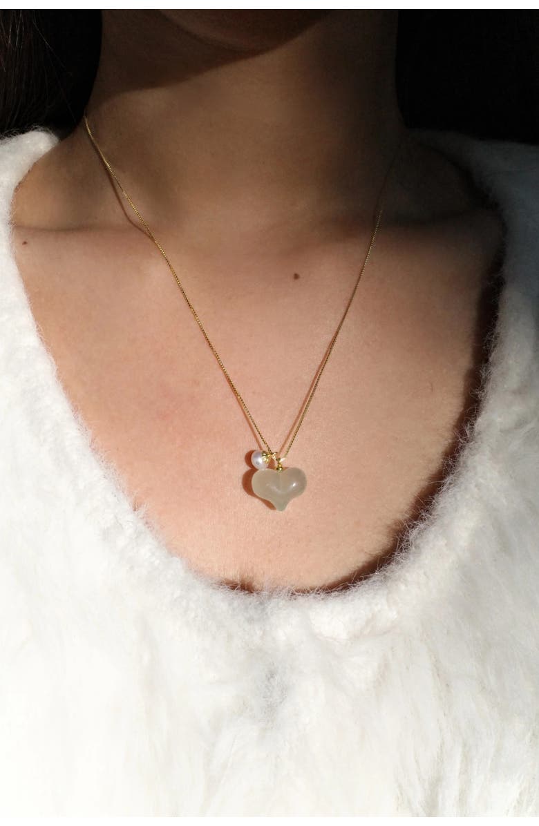 seree Puffed heart Green jade & pearl pendant necklace, Alternate, color, Light Green