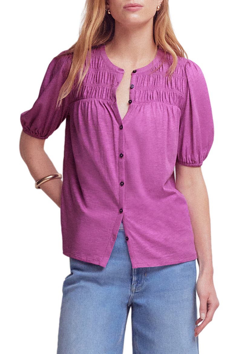 Mya Smocked Short Sleeve Button-Up Shirt, Main, color, MULBERRY