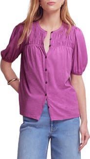 Boden Mya Smocked Short Sleeve Button-Up Shirt